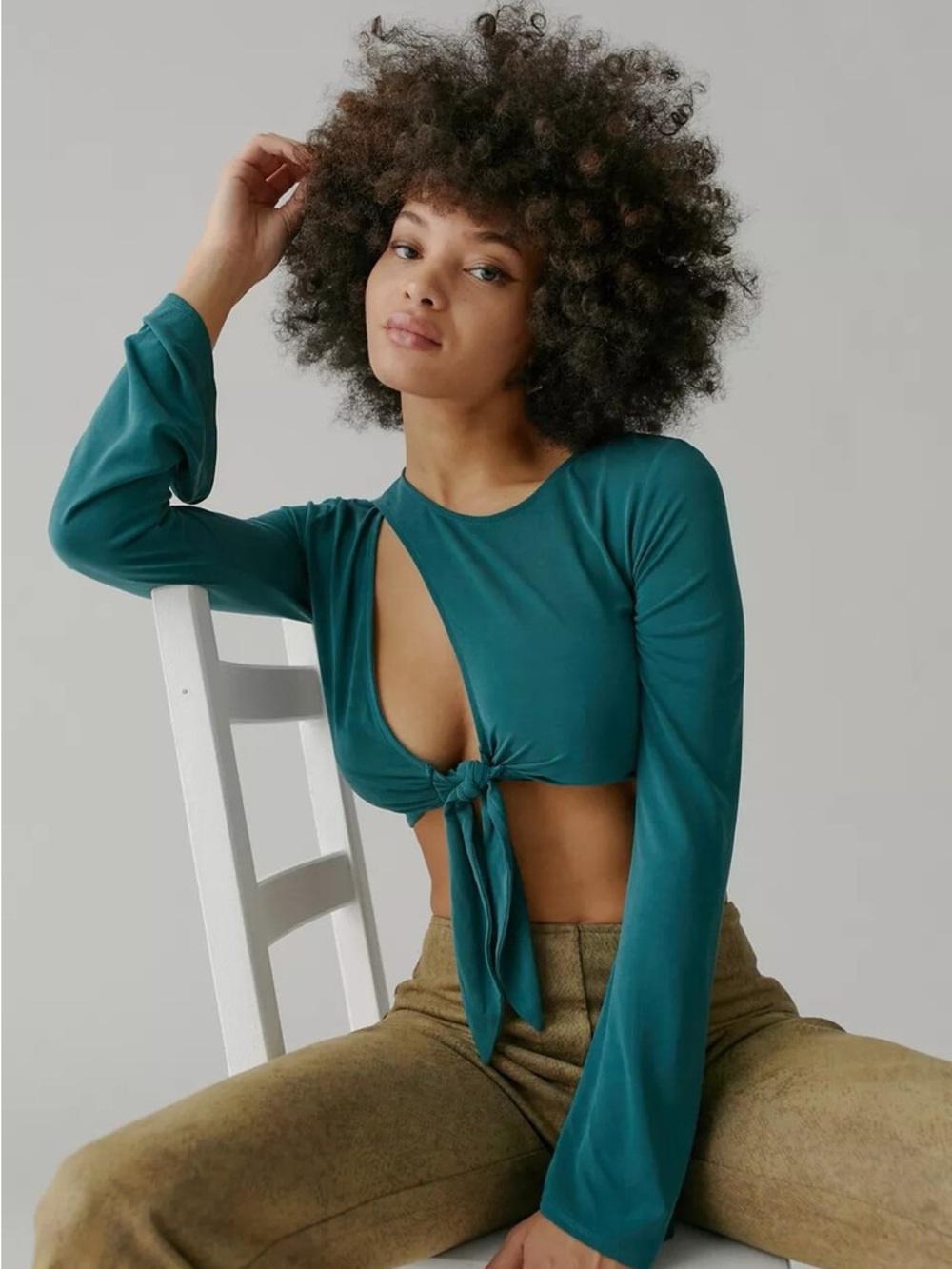 Urban Outfitters Teal Long-Sleeve Tie-Front Crop Top